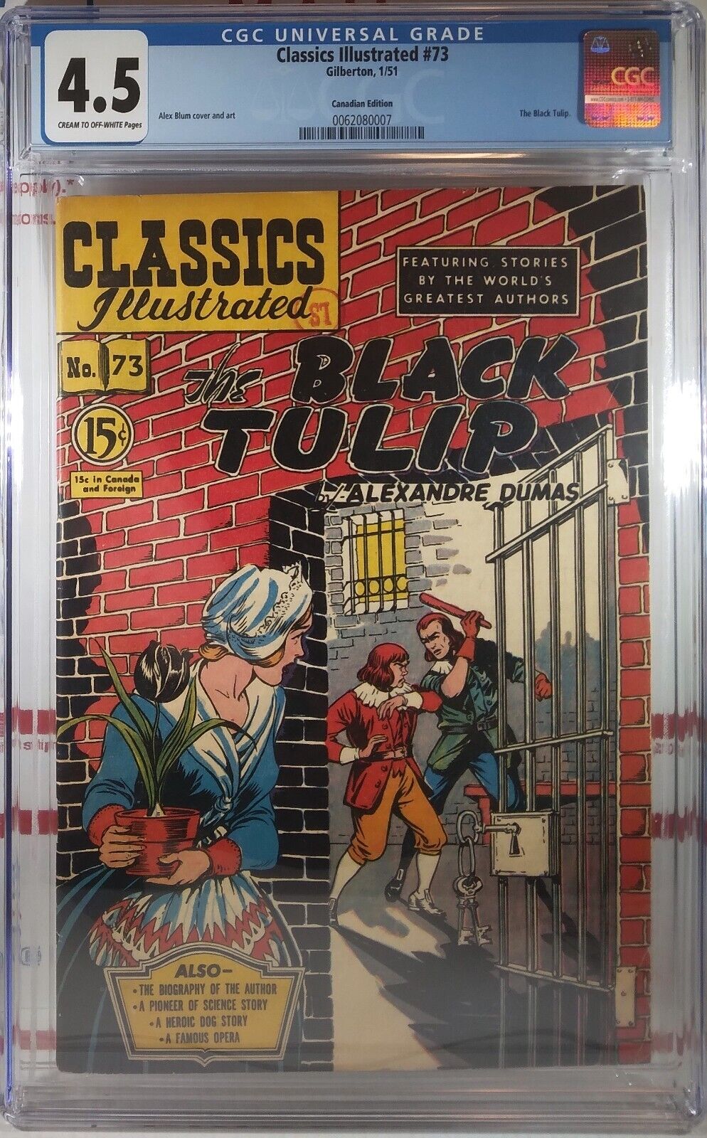 💥 CGC 4.5 CLASSICS ILLUSTRATED #73 🍁 CANADIAN 15¢ EDITION The Black Tulip 1951