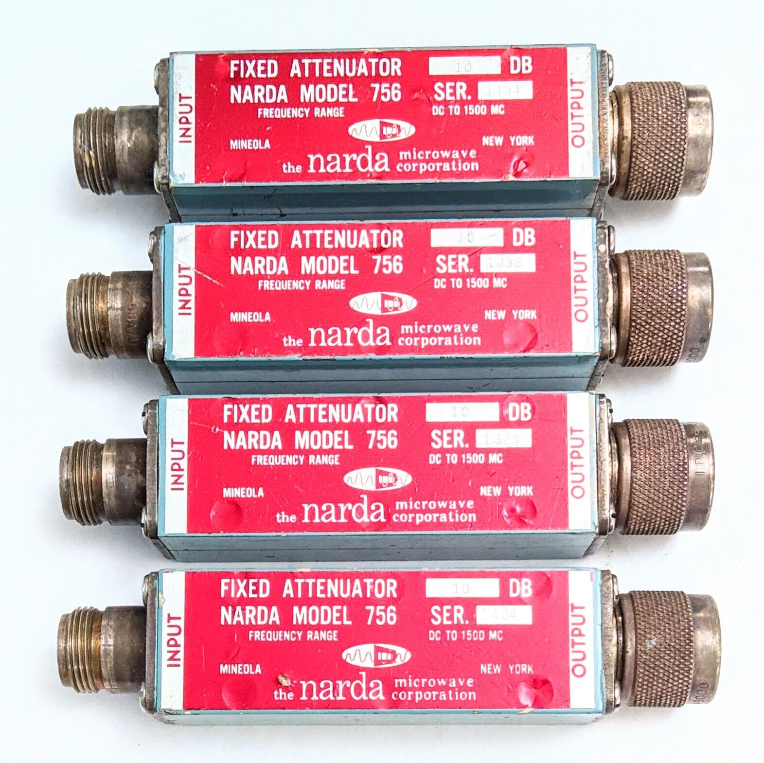 Narda 756 Fixed Attenuator DC to 1500 MHz, 10 dB, Type N (M-F) Lot of 4 VINTAGE