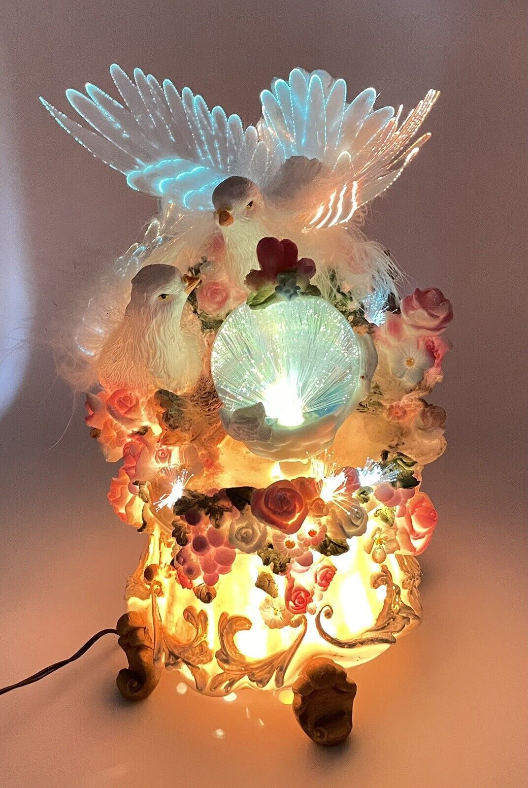 Vintage Fiber Optic Lamp 14” With Doves and Rotating Ball that Works By Enesco