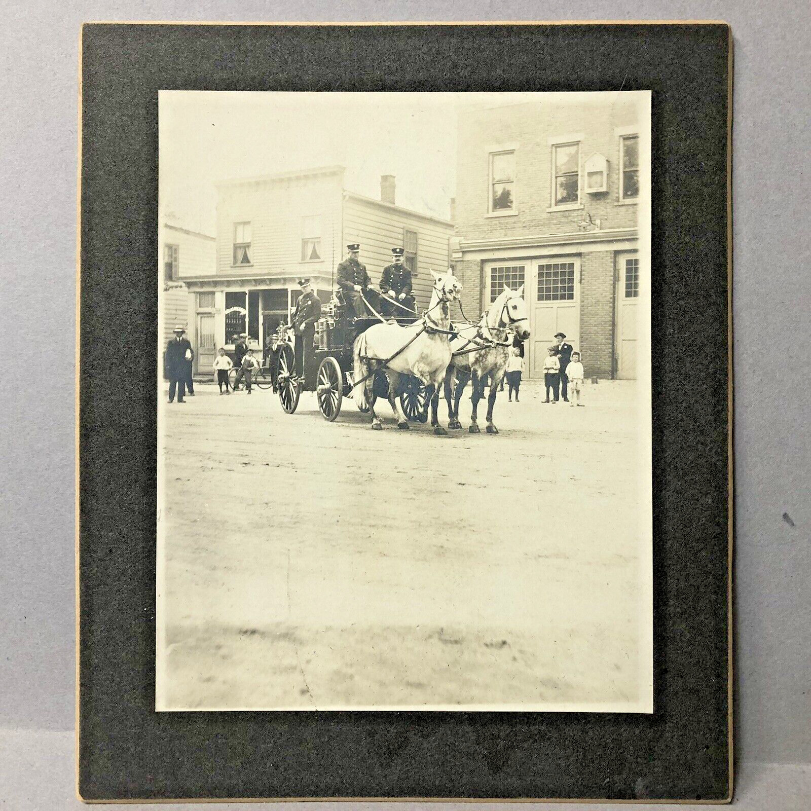 Vintage Cabinet Card Photo Firemen-Horse Drawn Fire Wagon Firehouse Building