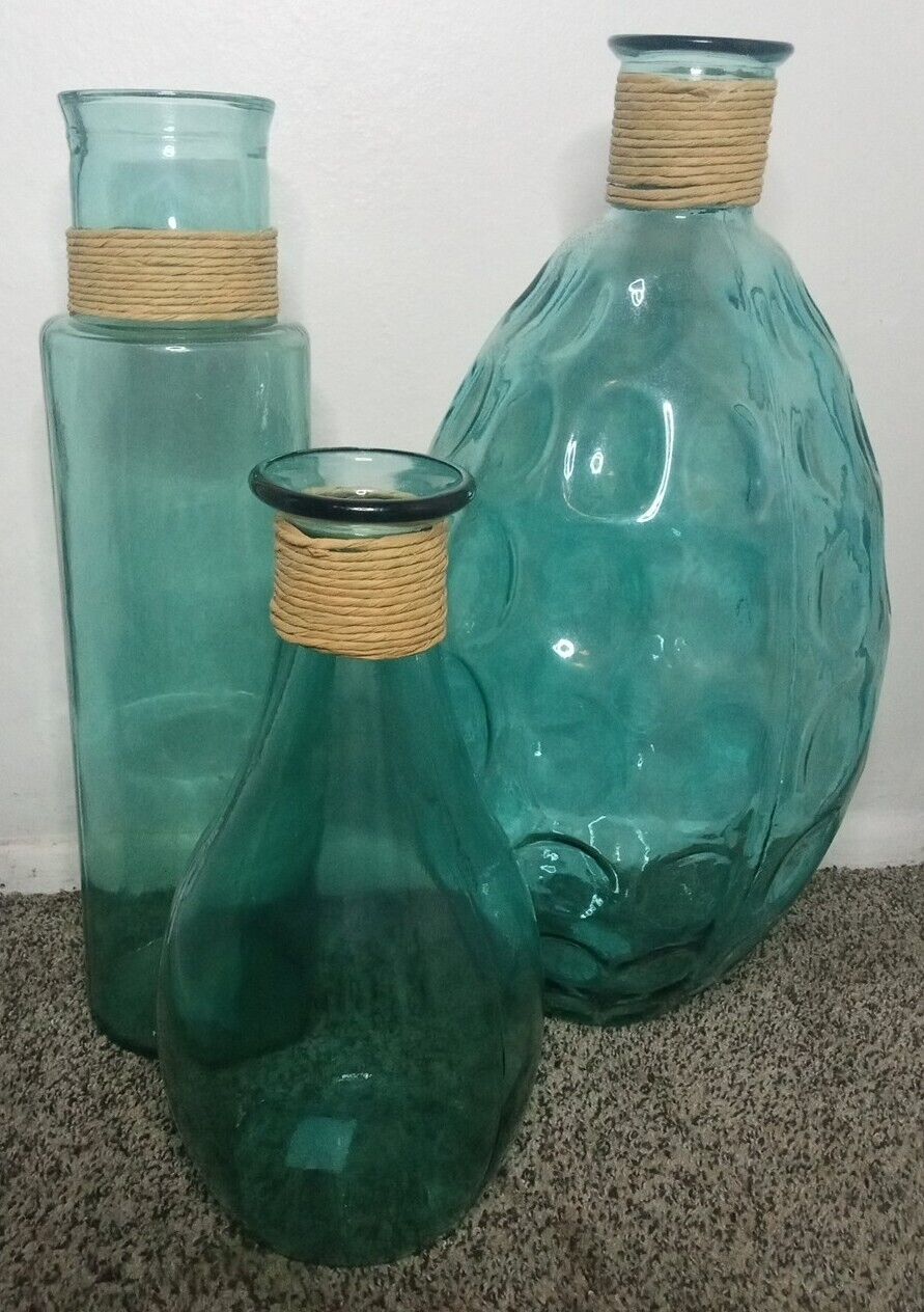 RARE VIDRIOS SAN MIGUEL  Large Recycled Thumbprint Glass Vase VINTAGE (Set Of 3)