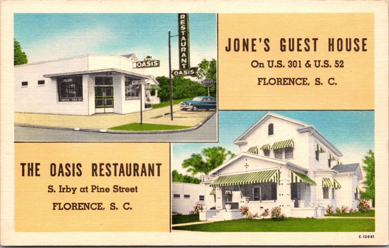 Linen Postcard Jone\'s Guest House Oasis Restaurant Florence, South Carolina~666