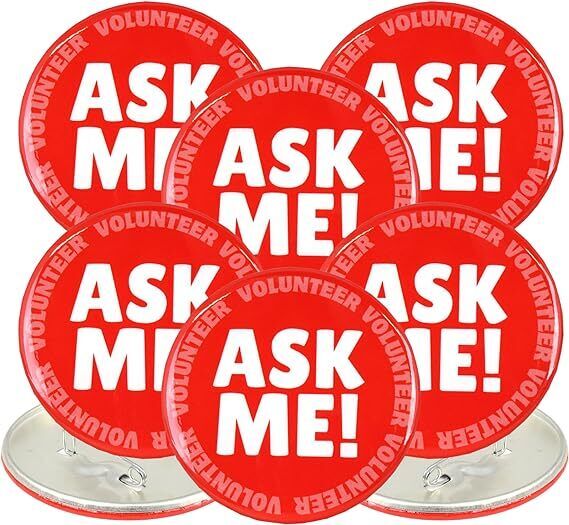 Red Ask Me Volunteer Button Bulk Badge Pins Badges, 3 Inches -  Pack of 6