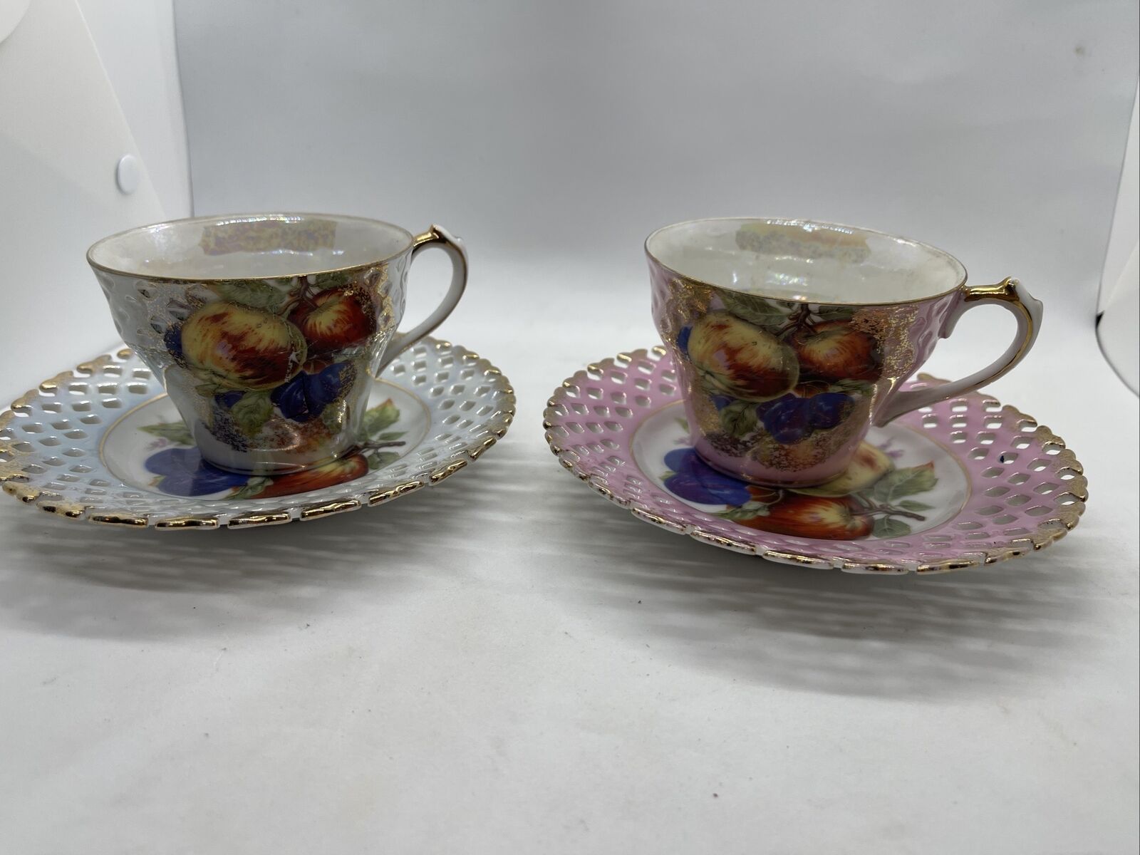 VTG L&M Royal Halsey Very Fine Tea Reticulated Fruit & Floral CupSaucer Lot Of 2