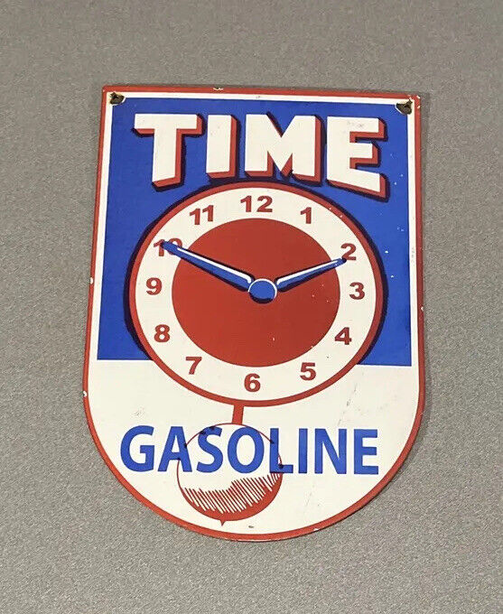 VINTAGE TIME 15” PORCELAIN SIGN CAR GAS TRUCK GASOLINE