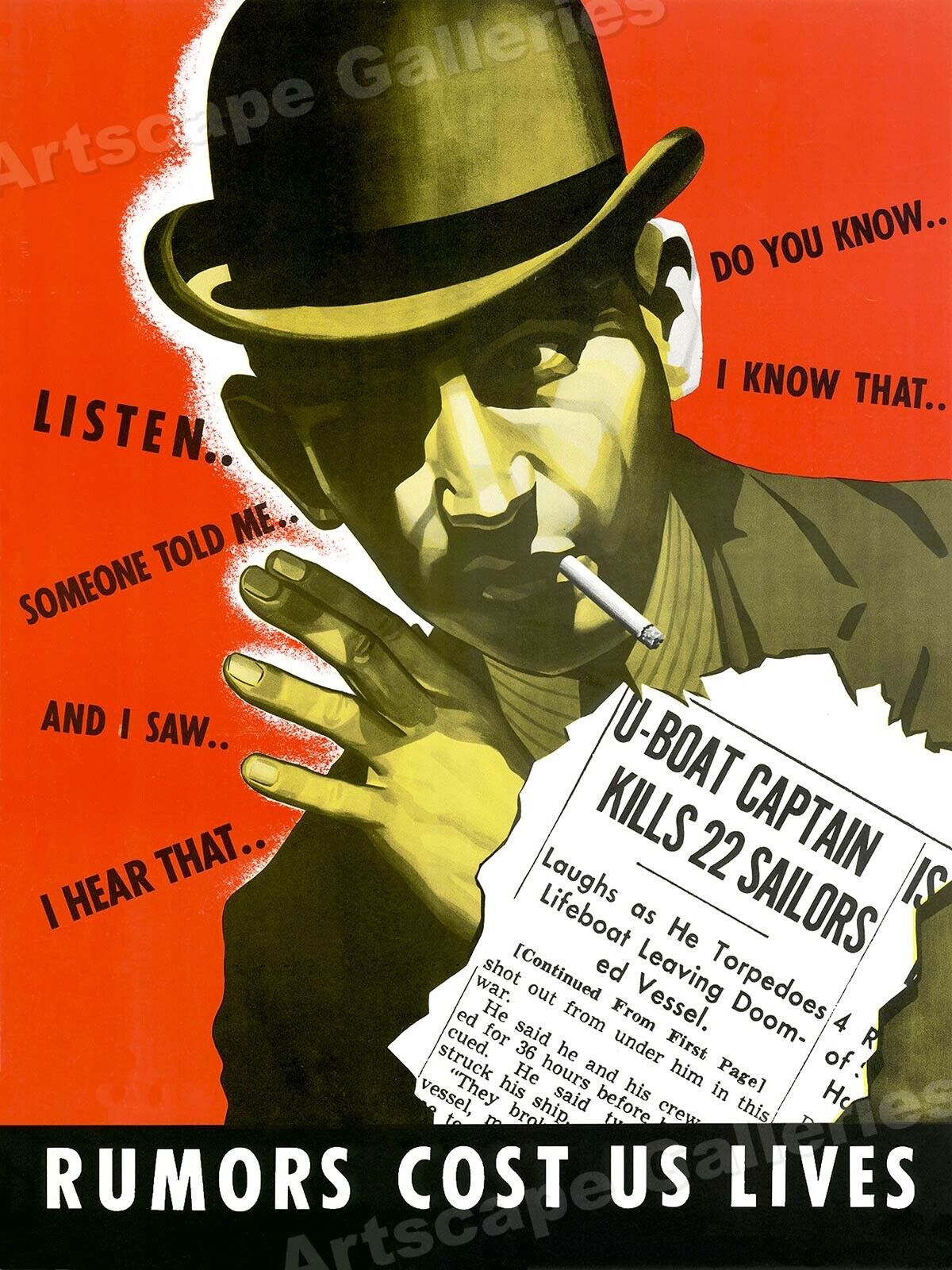 1940s Rumors Cost Lives Vintage Style WWII Propaganda Poster - 18x24