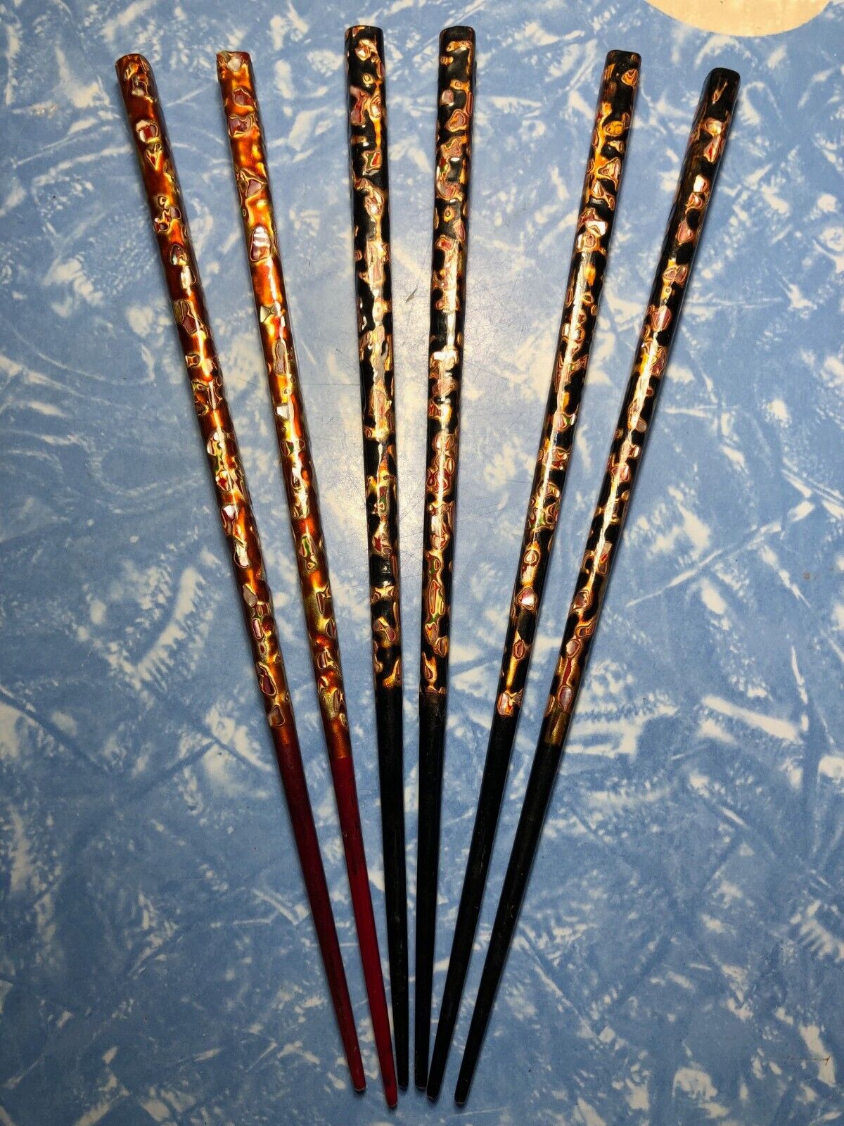 Vintage 50's Japanese Lacquered Inlaid Chopsticks - Three Sets
