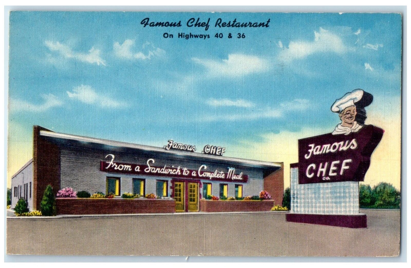 Denver Colorado CO Postcard Famous Chef Restaurant Exterior Signage Scene 1954