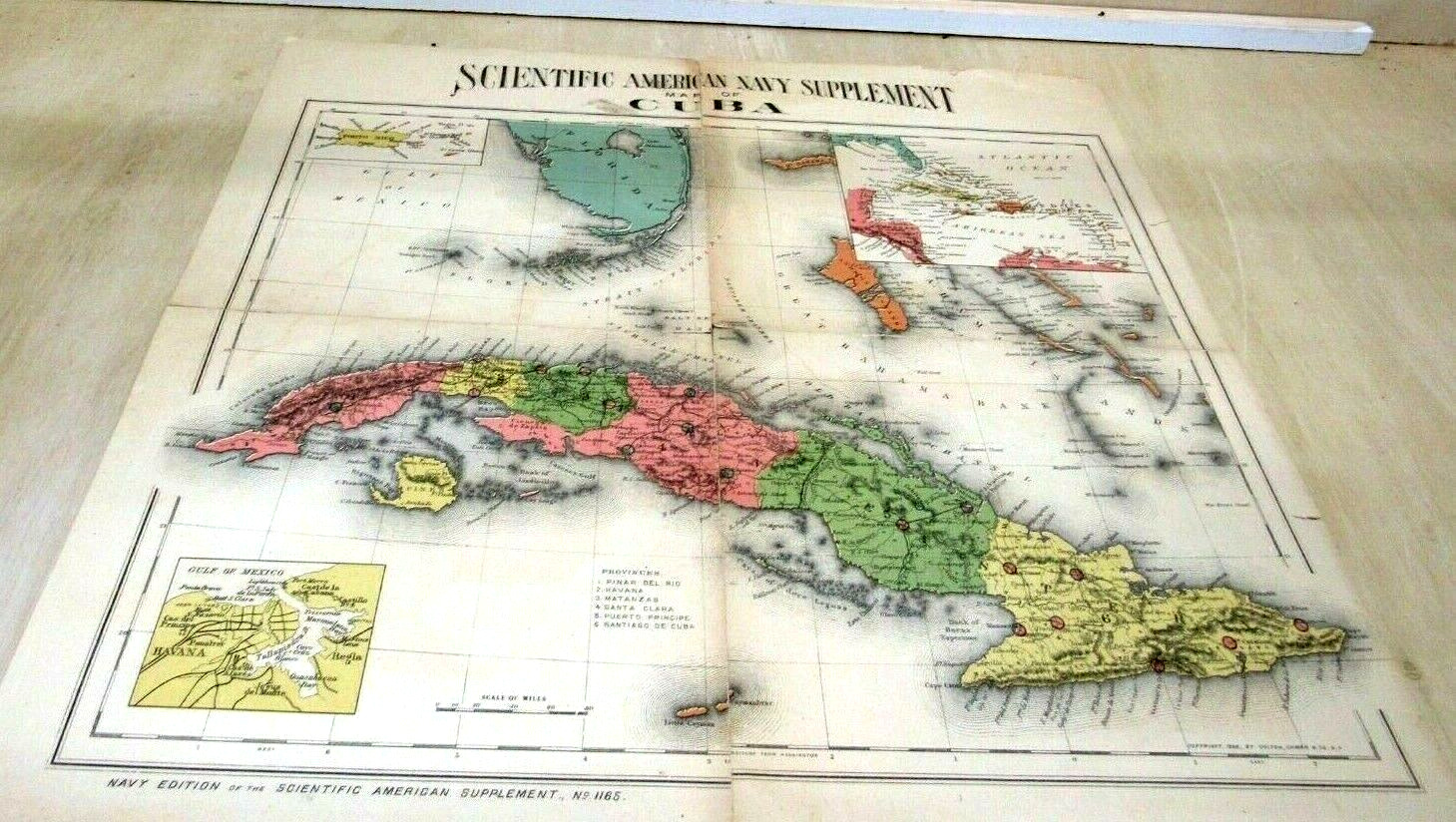 1898 SCIENTIFIC AMERICAN NAVY SUPPLEMENT MAP OF CUBA COLTON, OHMAN m41