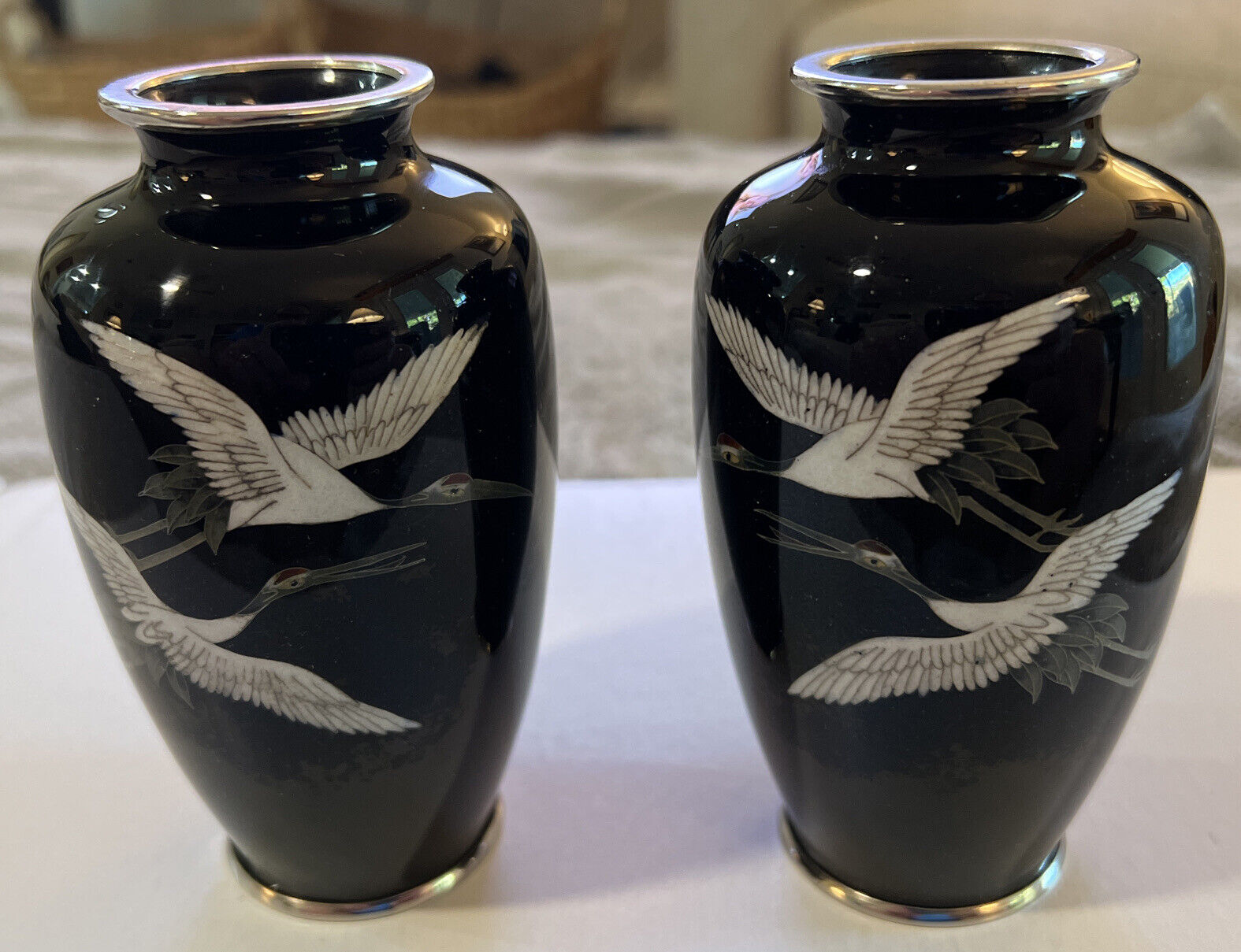 Pair 2 Vintage Sato Marked Japanese Cloisonné Black with White Crane Vases 4.75”