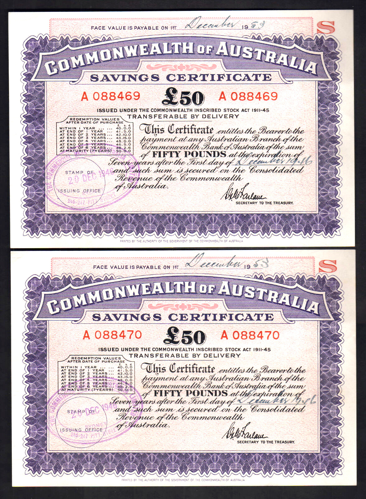 Australia 1946 (Post WW.11) Savings Certificate for 50 Pounds..  CONSEC Pair