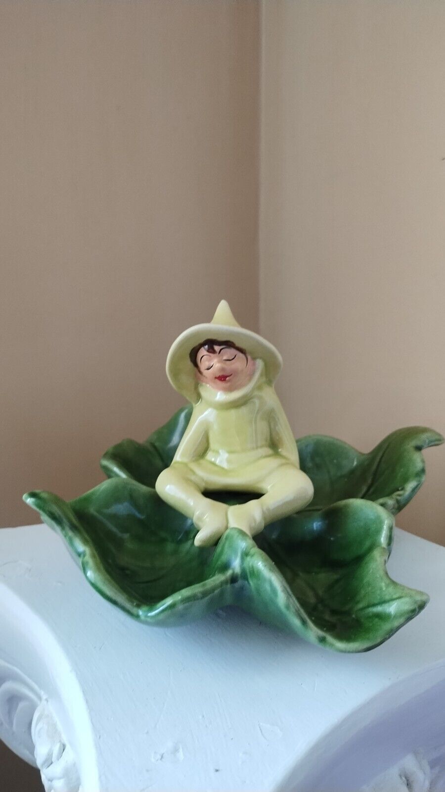 Vintage California Pottery Pixie/Elf Sitting On 4 Leaves Dish Gilner?