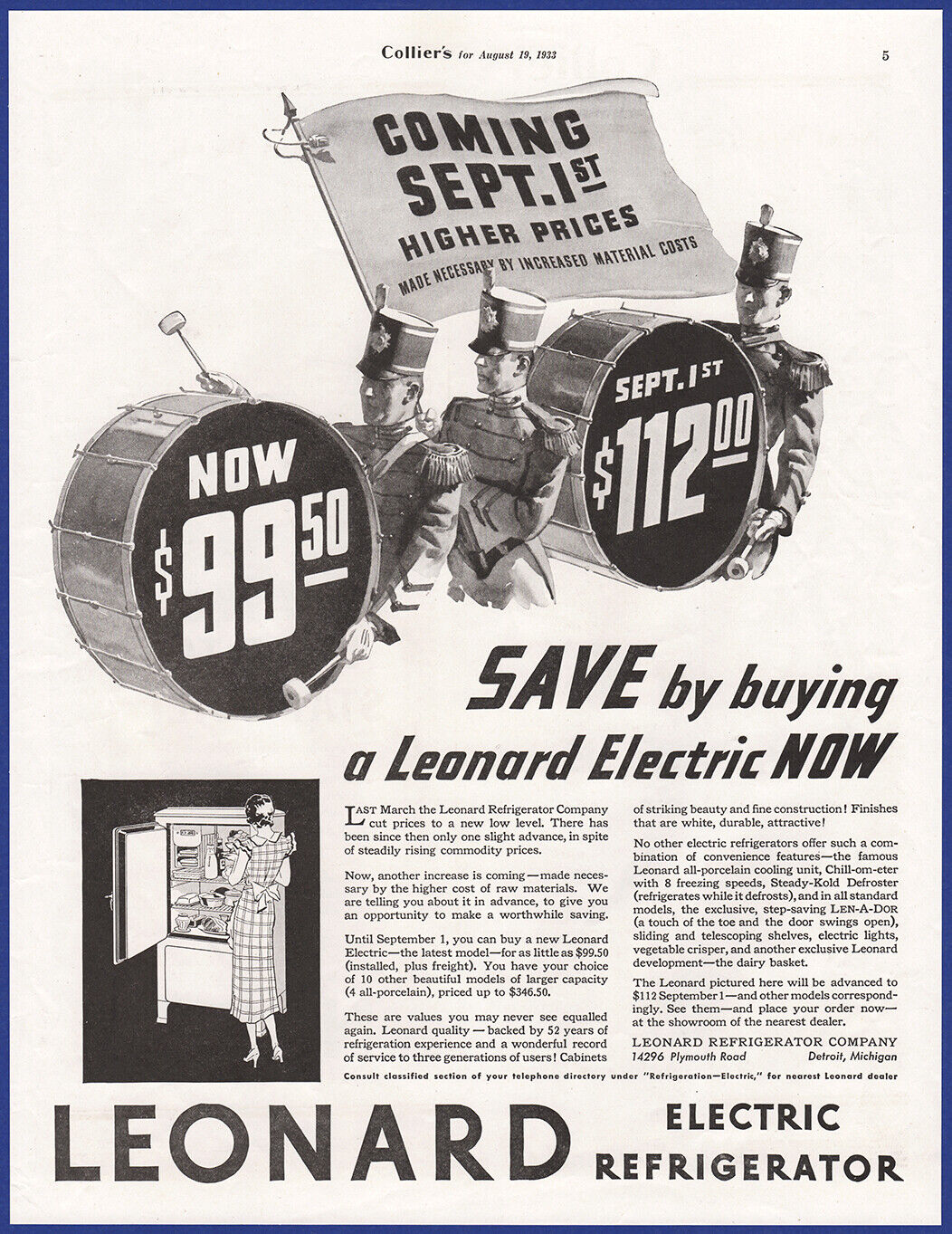 Vintage 1933 LEONARD Refrigerator Kitchen Appliance Ephemera 1930\'s Print Ad
