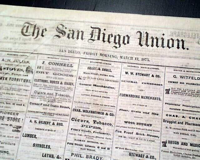 Rare SAN DIEGO Old West Southern California Pacific Ocean Coast 1875 Newspaper