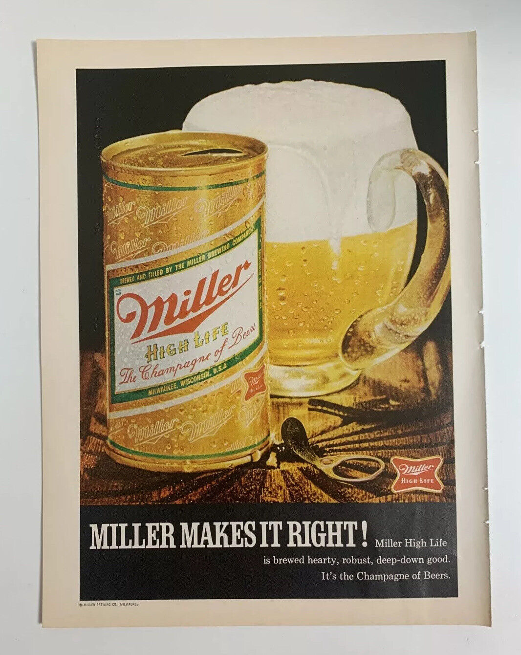 1970 Miller High Life Beer Print Ad Original Makes It Right Champagne Of Beers