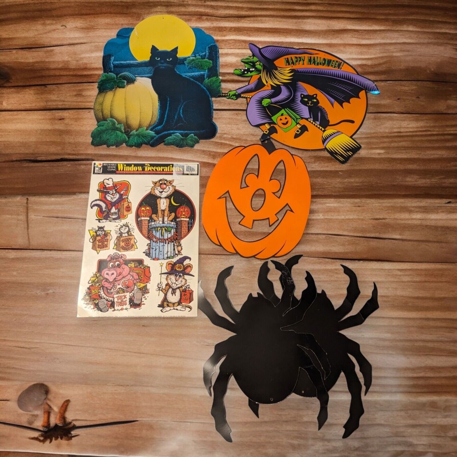 Vintage Halloween Decorations Lot Cutouts & Window Clings Witch Spider Pumpkin