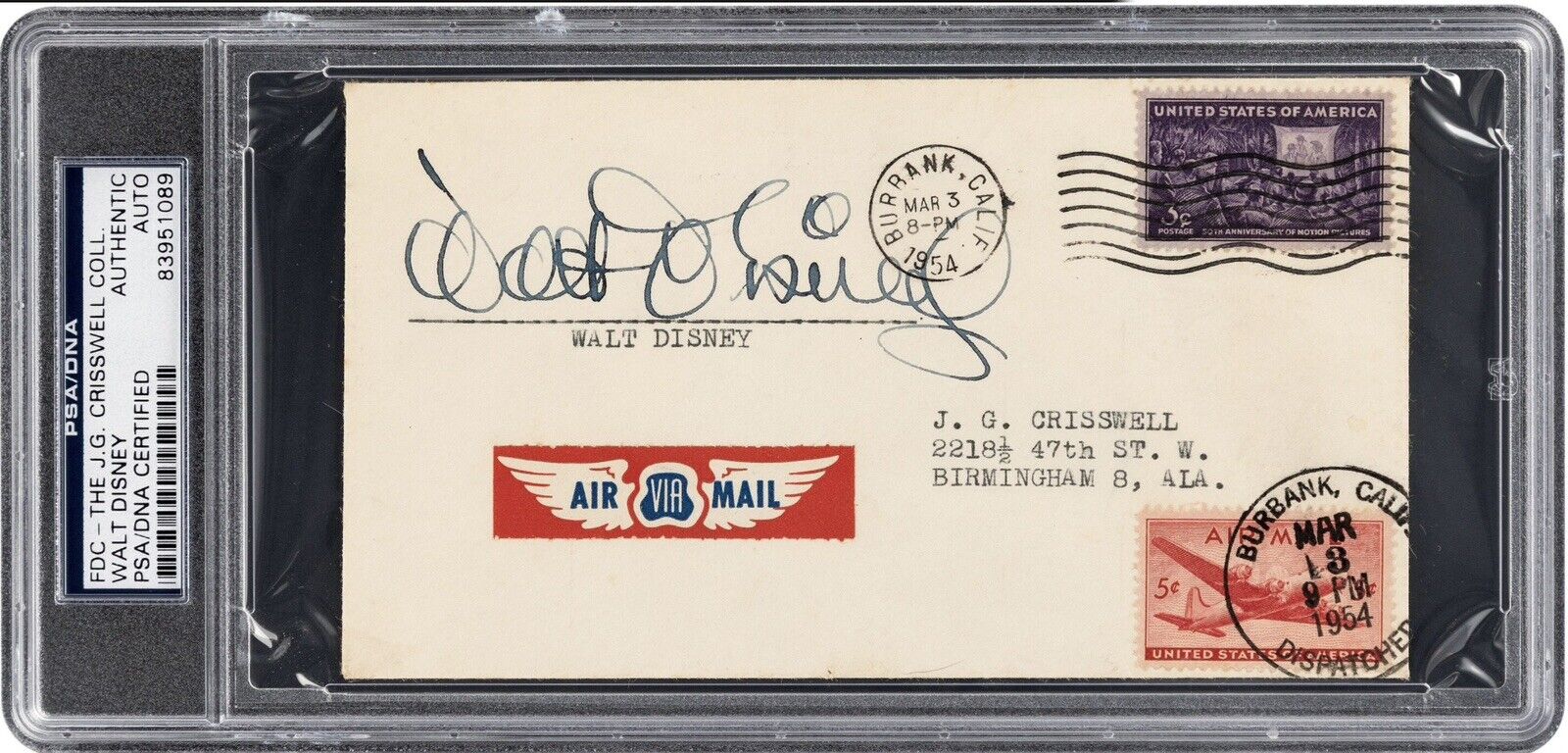 Walt Disney Signed 1954 FDC First Day Cover Rare PSA Encased Vintage Autograph