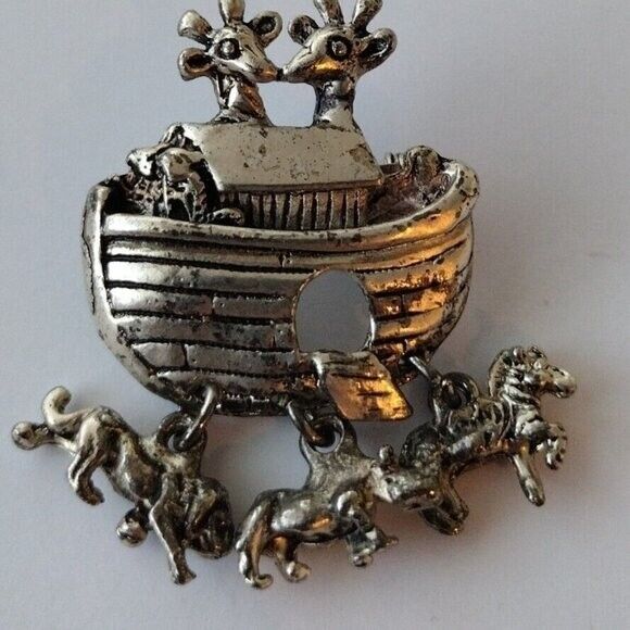 Small Silvertone Noah's Arc Drop Charms Brooch Pin