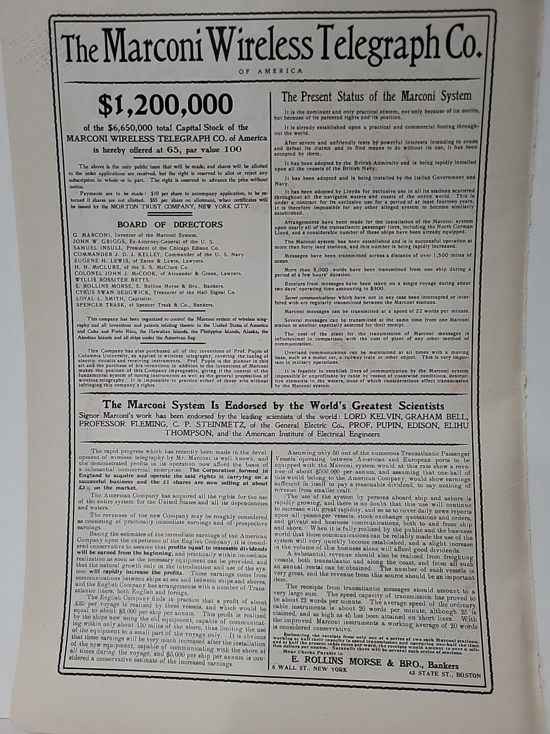 1902 Marconi Wireless Telegraph Co. Print Advertising Radio Stock Colliers