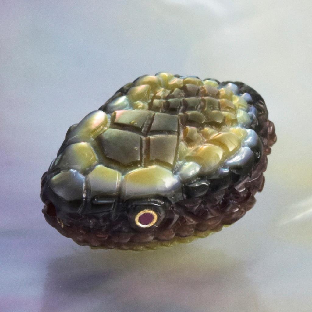 Snake Head Bead Black Mother-of-Pearl Shell Carving & Ruby Gemstone Eyes 4.04g