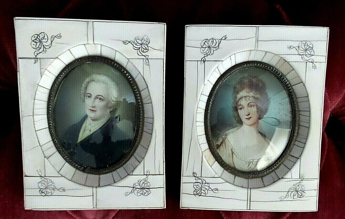 TWO VICTORIAN HANDPAINTED PORTRAITS INLAYED FRAMED CONVIC GLASS SIGNED CABAN