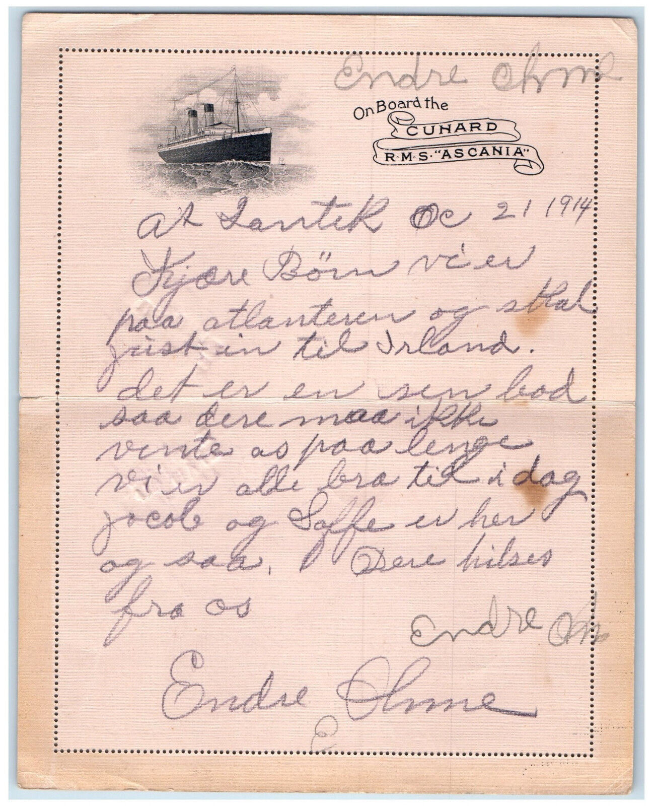 1914 On Board The Cunard RMS Ascania Southampton England Fold Out Postcard