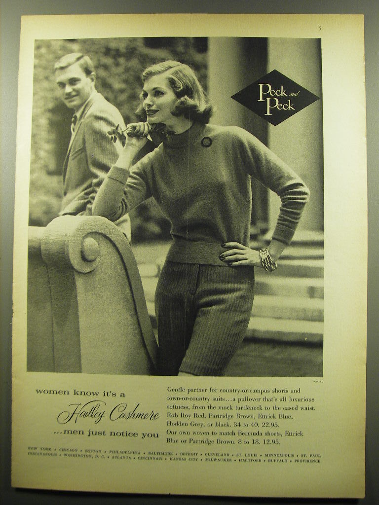 1959 Peck and Peck Fashion Ad - Women notice it's a Hadley Cashmere