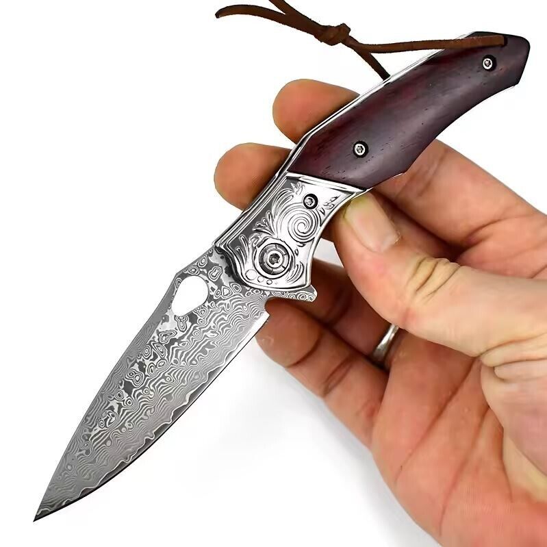 Damascus Folding Survival Pocket Knife - VG10 Steel Core, Ergonomic Sandalwood