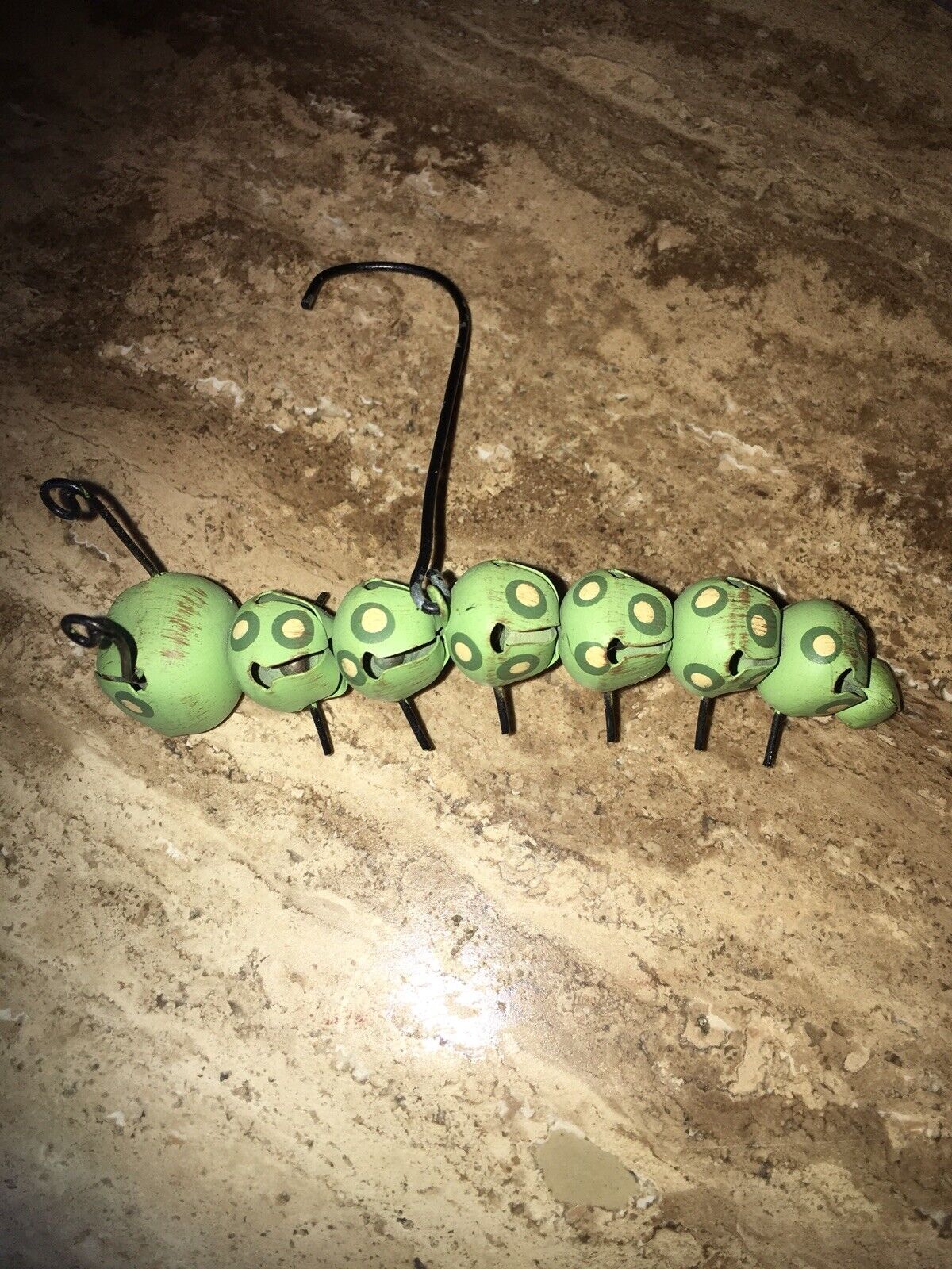 Inch Worm Painted Bells 4 1/4” Long Metal Hanging Ornament green