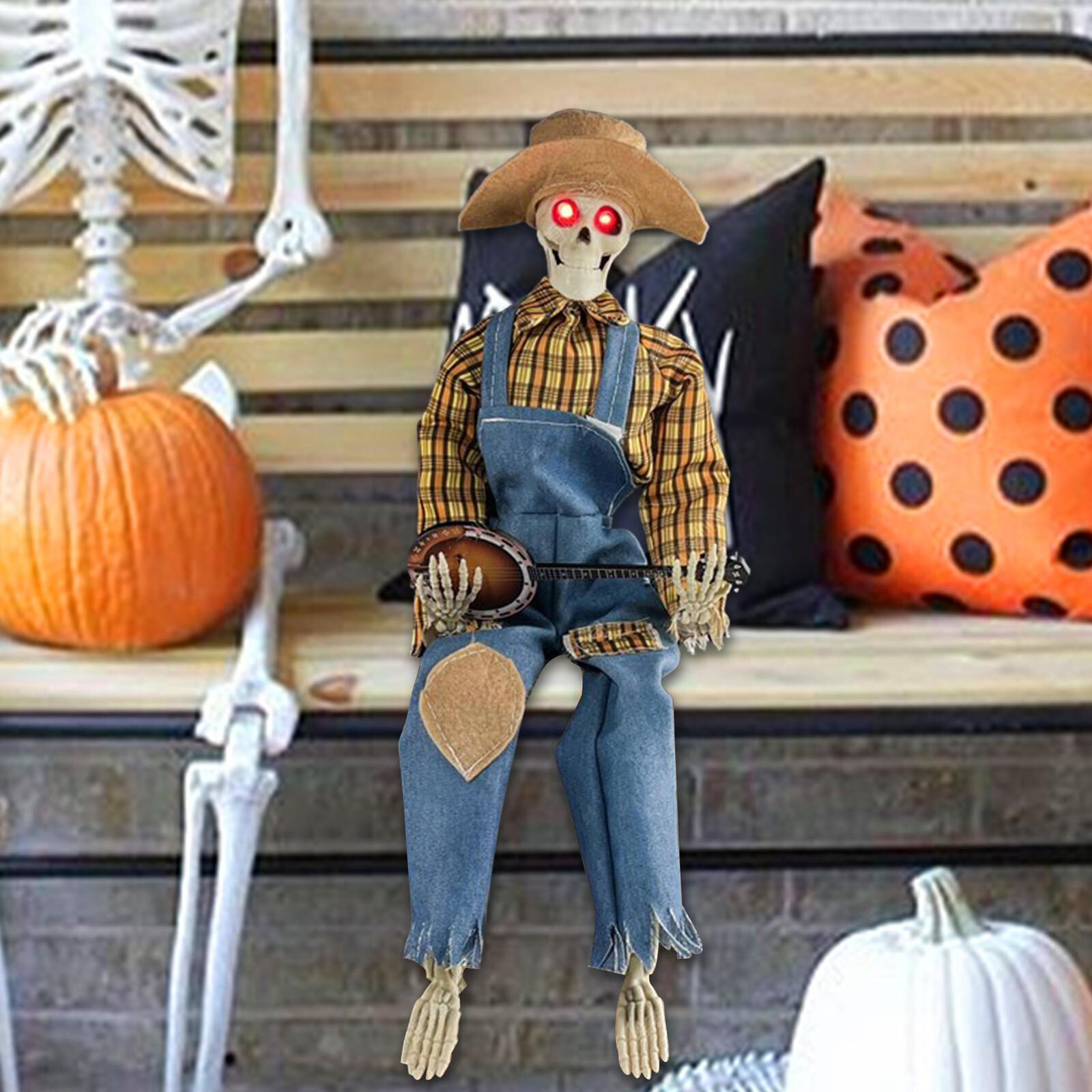 Banjo Skeleton Scary Halloween Skull Decor Cowboy Statue Creepy Skeleton Prop