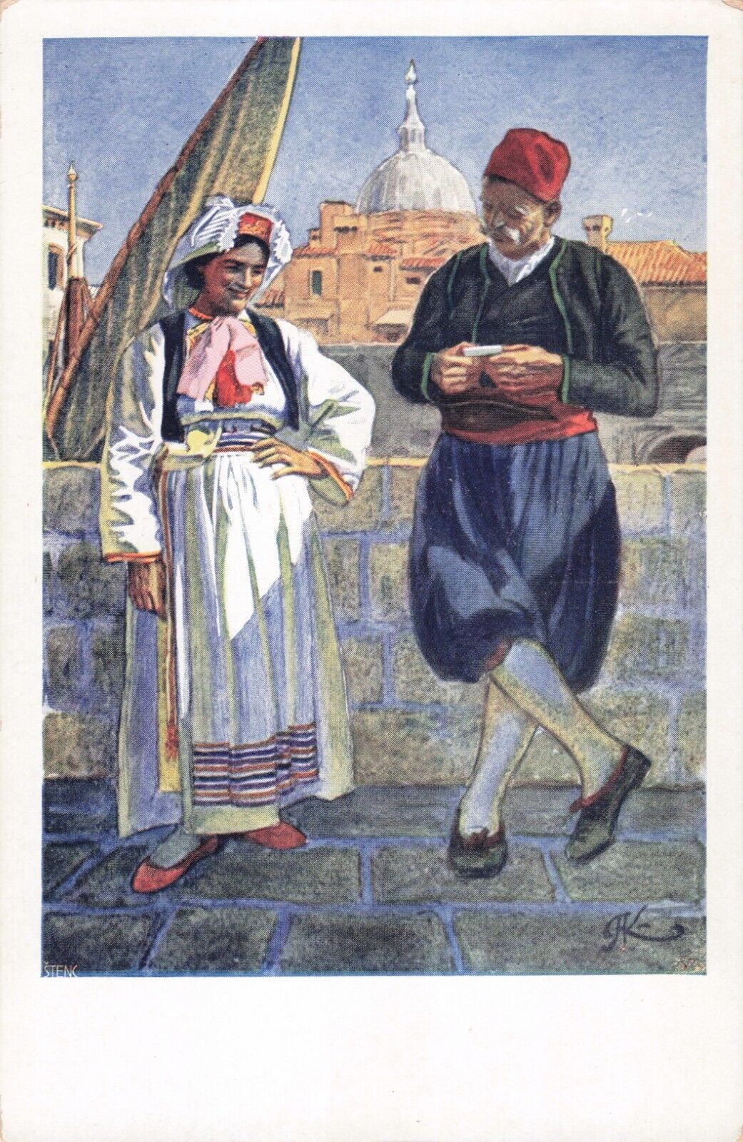Artist Signed A Kaspar Dubrovnik Croatia Couple Ethnic Dress Vintage Postcard