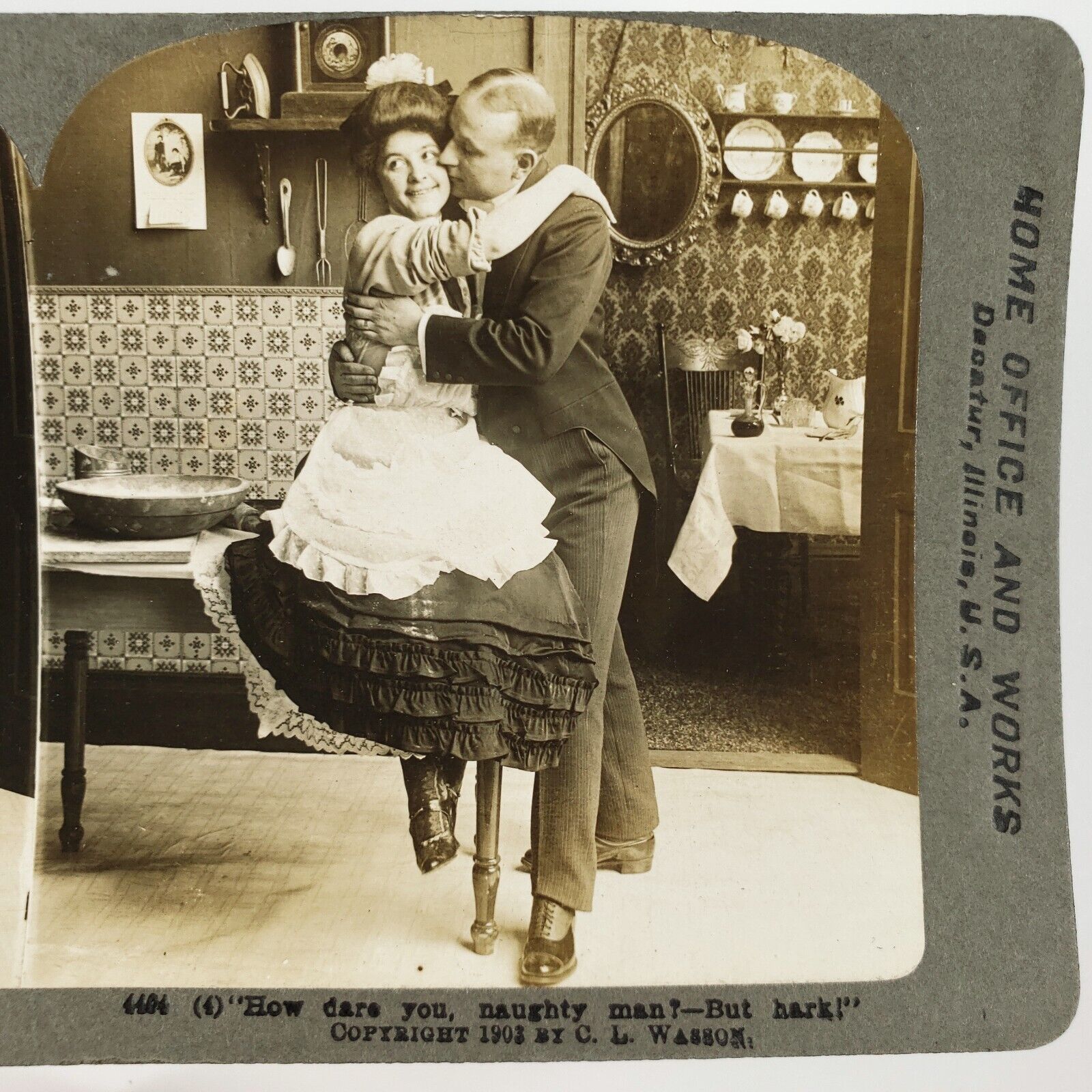 Flirting French Maid Affair Stereoview c1903 Cheating Husband Adultery Man H1245