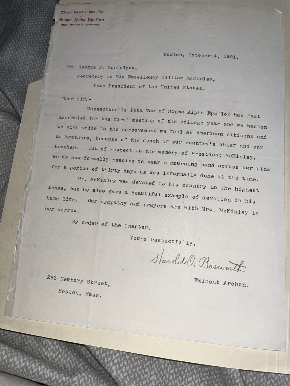 Massachusetts Institute of Technology Iota Tau MIT Letter McKinley Assassination