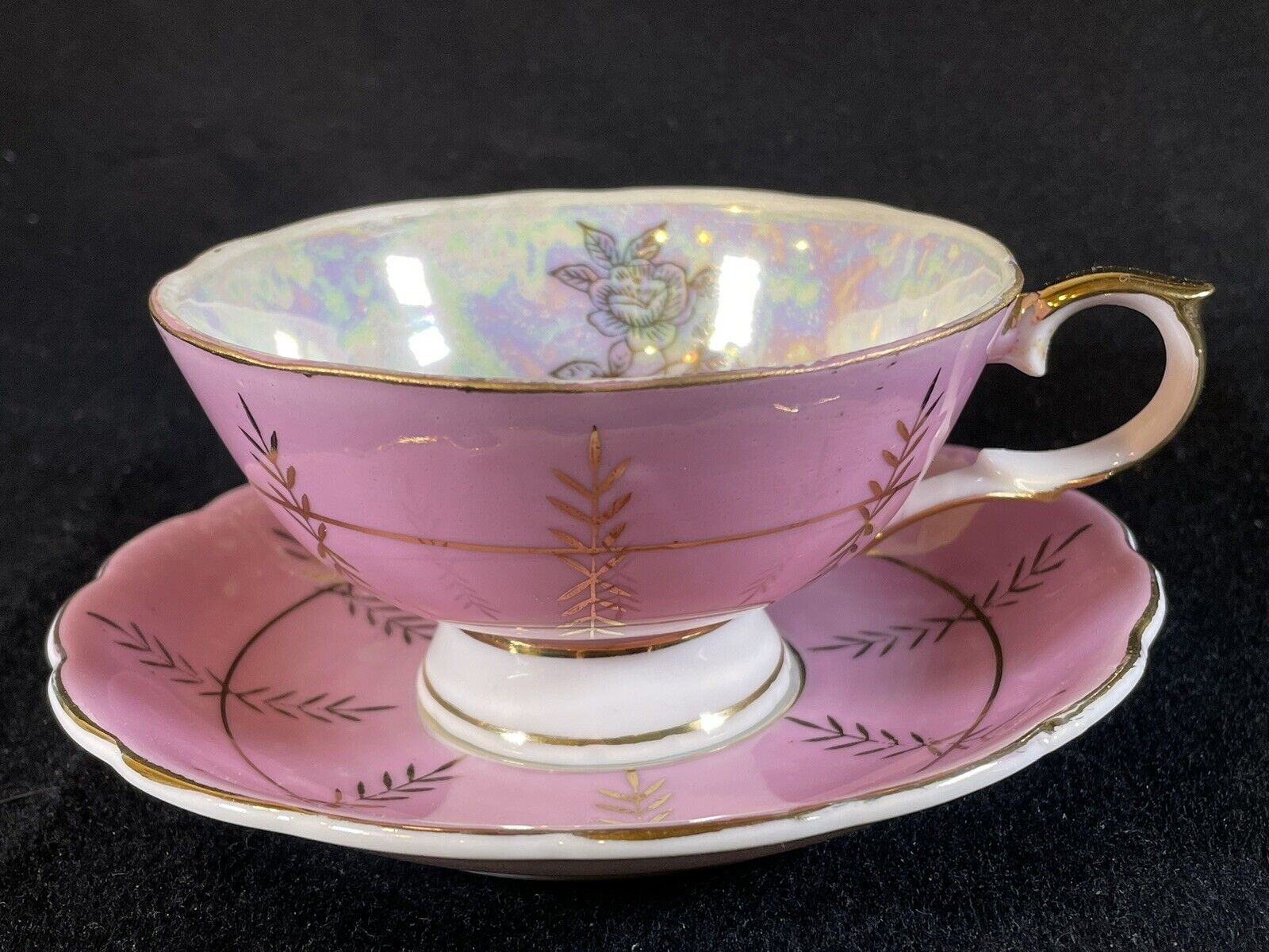 VTG Pink & Gold Lusterware Bone China Footed Tea Cup and Saucer Japan