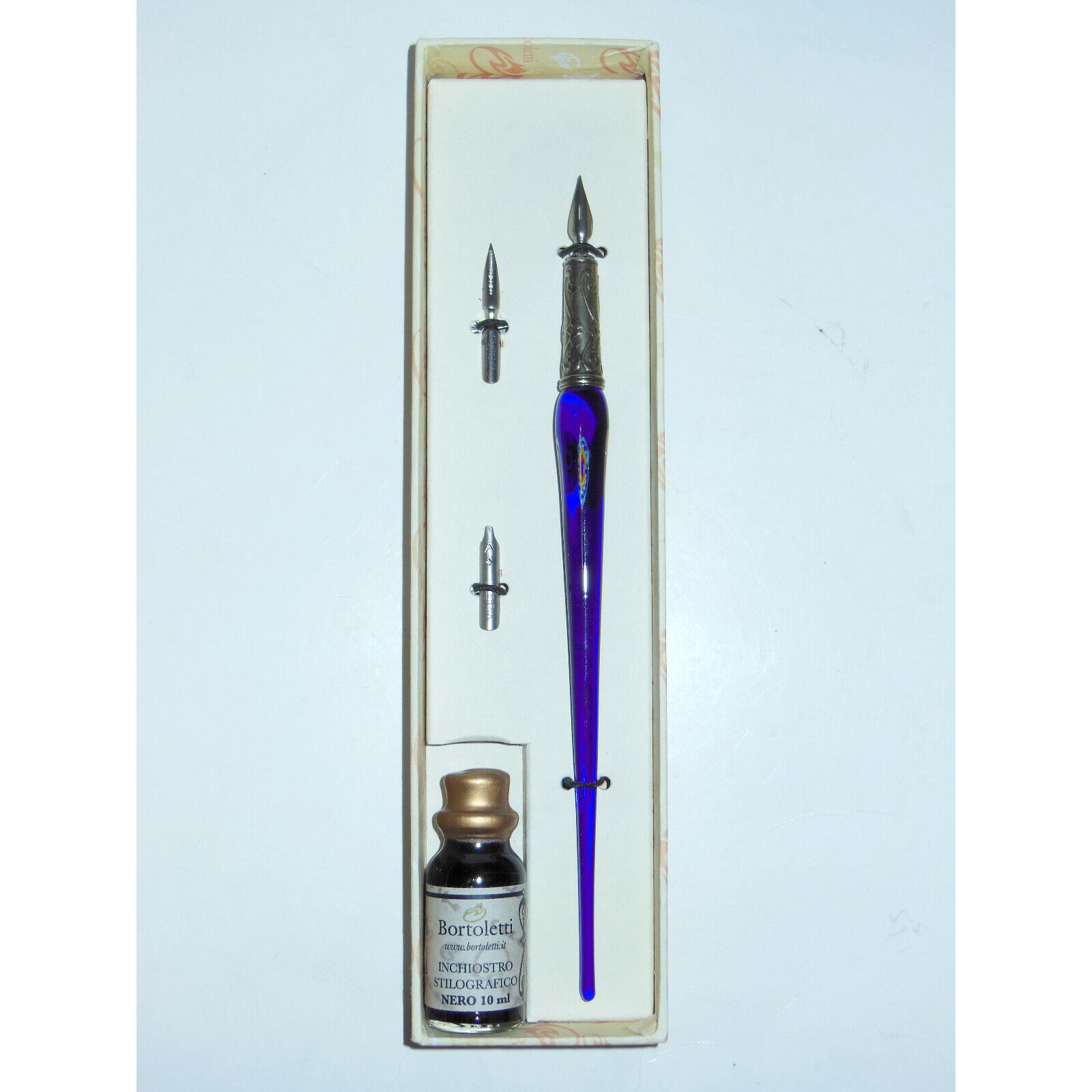 NOS* Bortoletti Murano Blue Glass Calligraphy Dip Pen Set +3 Nibs & Black Ink