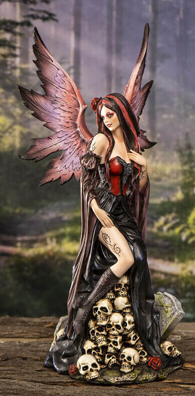 Black Sorceress Skulls Fairy with Red Rose Standing On Tombstone Figurine 15\