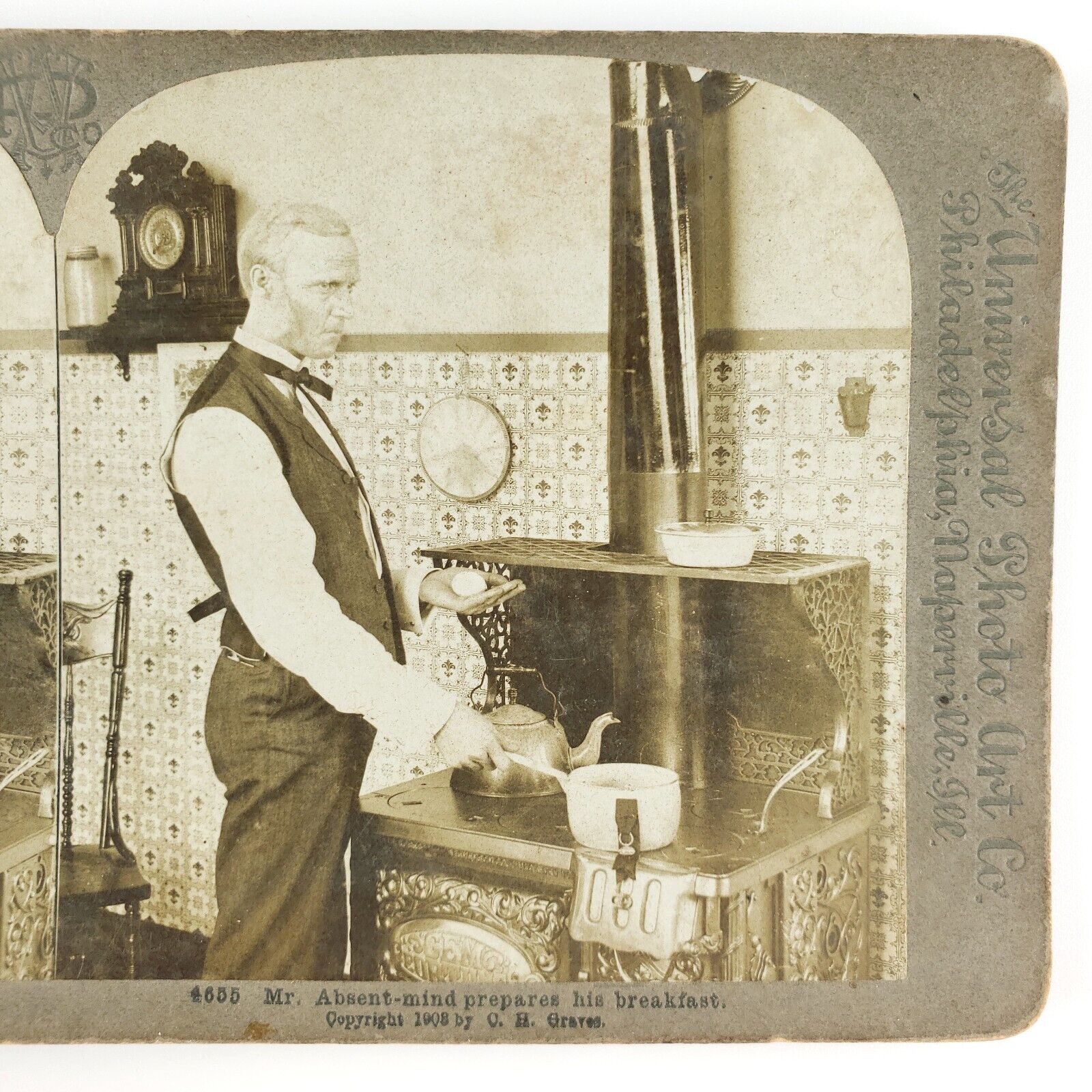 Absentminded Man Making Breakfast Stereoview c1903 Cooking Egg Wood Stove A1827