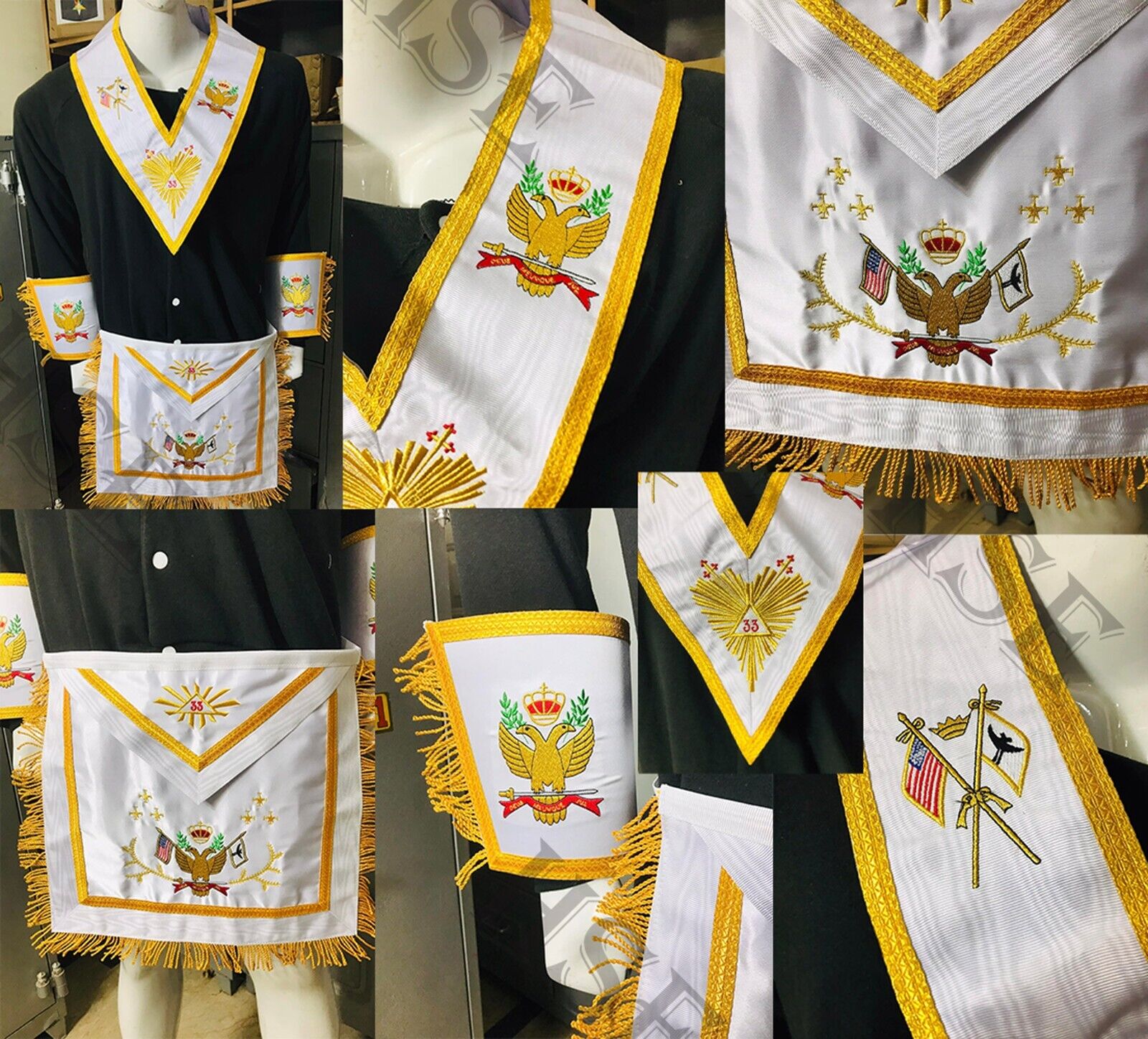 New Scottish Rite 33rd Degree Apron With Cuffs & Collar Gold Embroidery Upwings