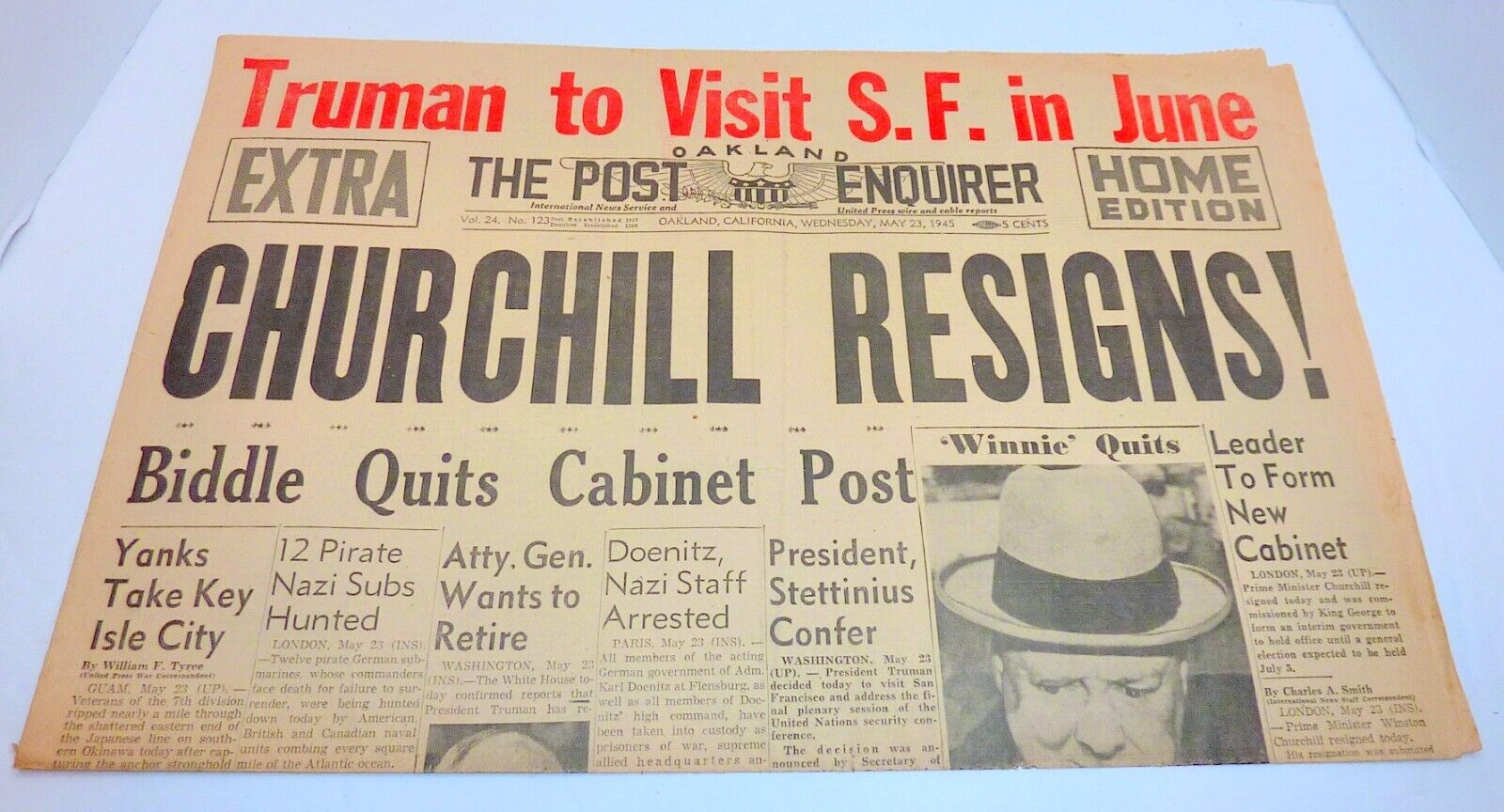 1945  The Post Enquirer Newspaper Winston Churchill Resigns May 23rd Oakland CA,
