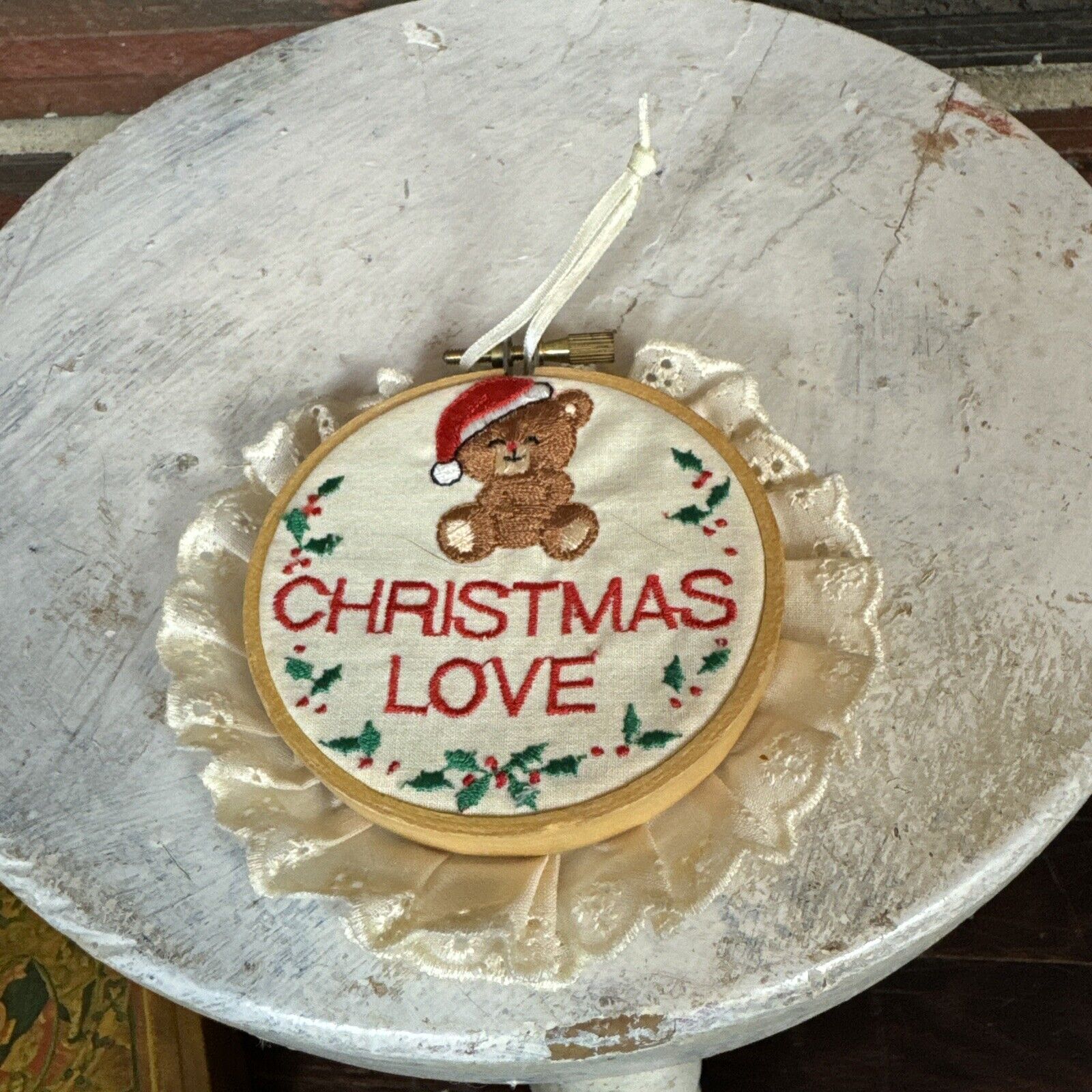 Vintage Russ Berrie & Co. Christmas Love Santa Bear Ornament 1980s Lace Circle