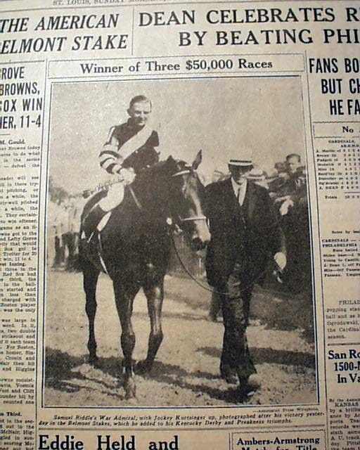 War Admiral Wins Belmont Stakes for Triple Crown Horse Racing 1937 old Newspaper