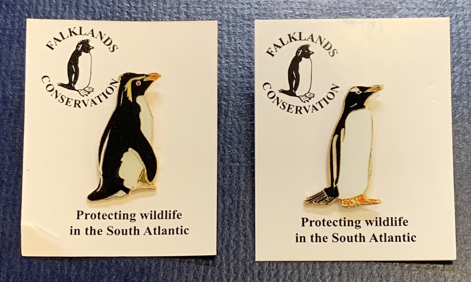 Lot Of 2 FALKLAND CONSERVATION Penguin Lapel Pins on Card [Z]