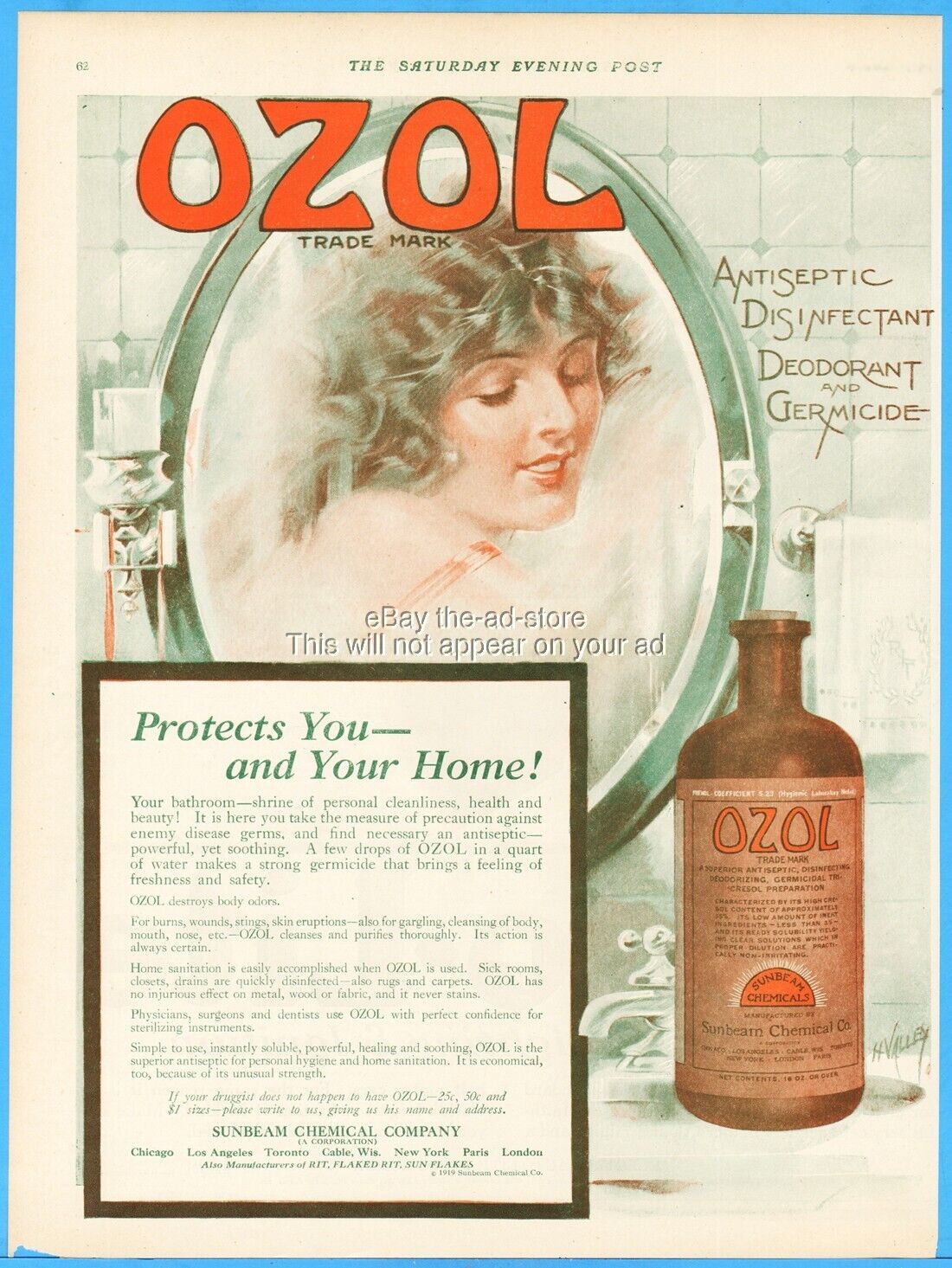 1919 Sunbeam Chemical Co Ozol Henry Valley Art Bathroom Decor Antique Print Ad