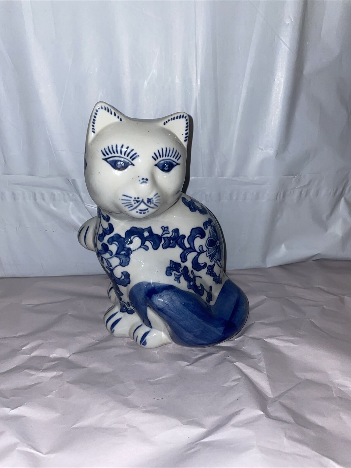 Vintage Blue and White Ceramic Cat Sitting Figurine