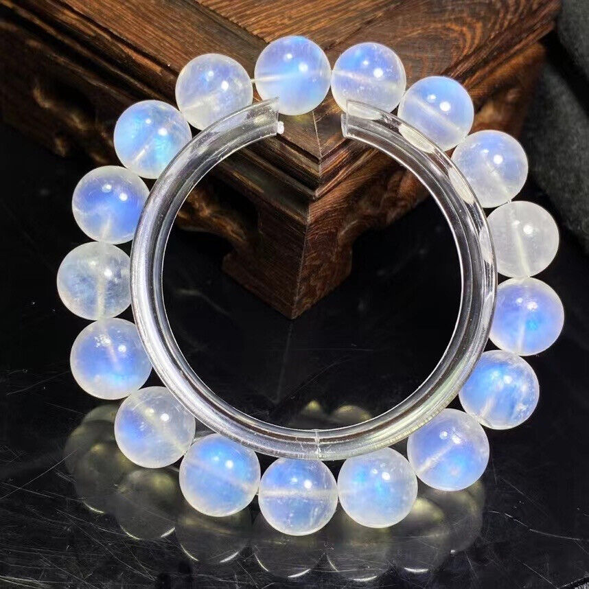 12mm Natural Burma Moonstone Rainbow Blue Light Beads Bracelet AAAA