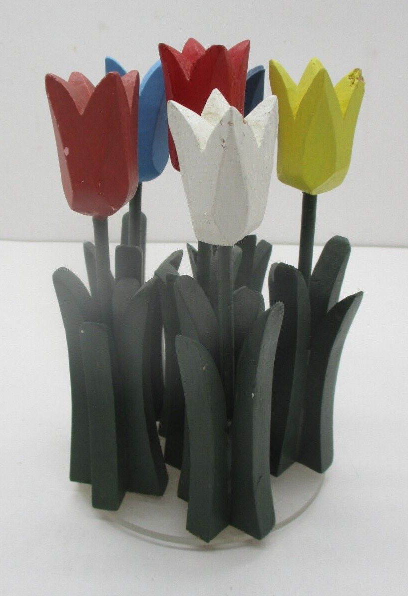 Handpainted Wood Flowers Tulips Attached to Plastic Base