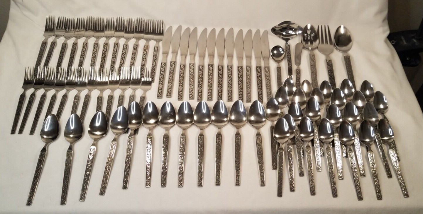 Vintage Riviera Stainless Flatware Monterey Pattern  Scroll 77pc Service For 12