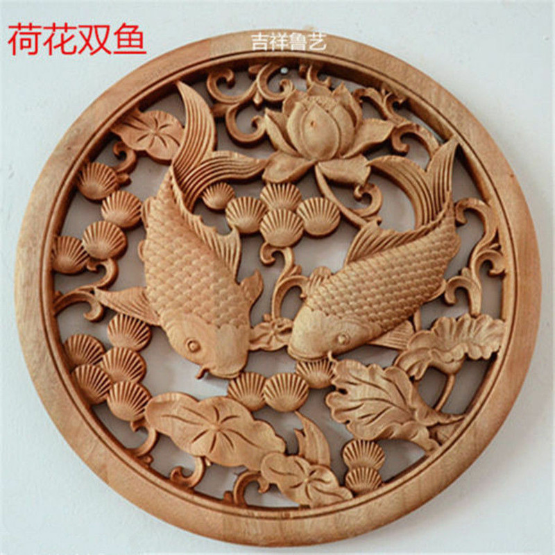 10.4 inch Hand Carved fish lotus Statue camphor wood round plate wall sculpture