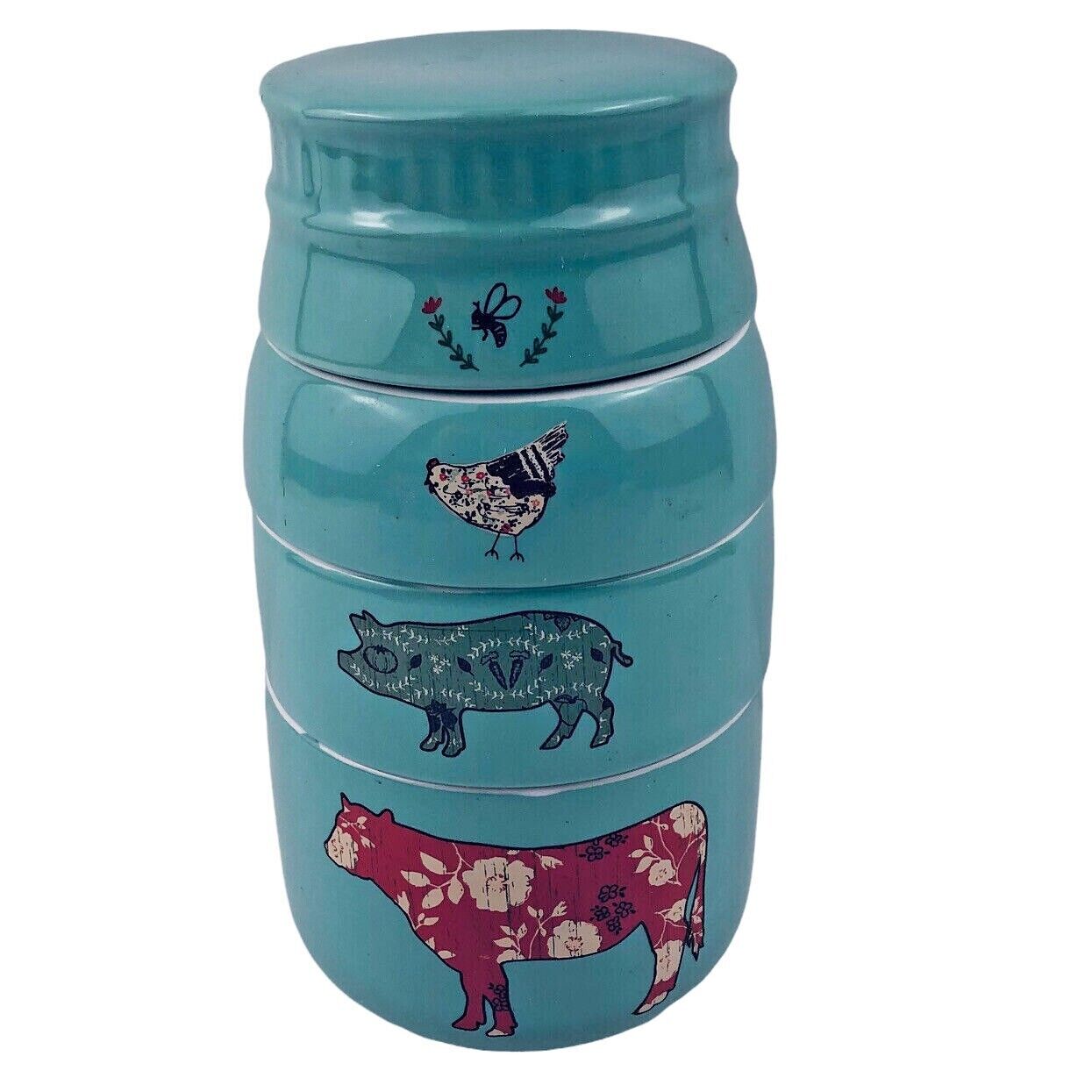 Amylee Weeks 4 Stackable Measuring Cups Lid Teal Bee Chicken Pig Cow Hand Made