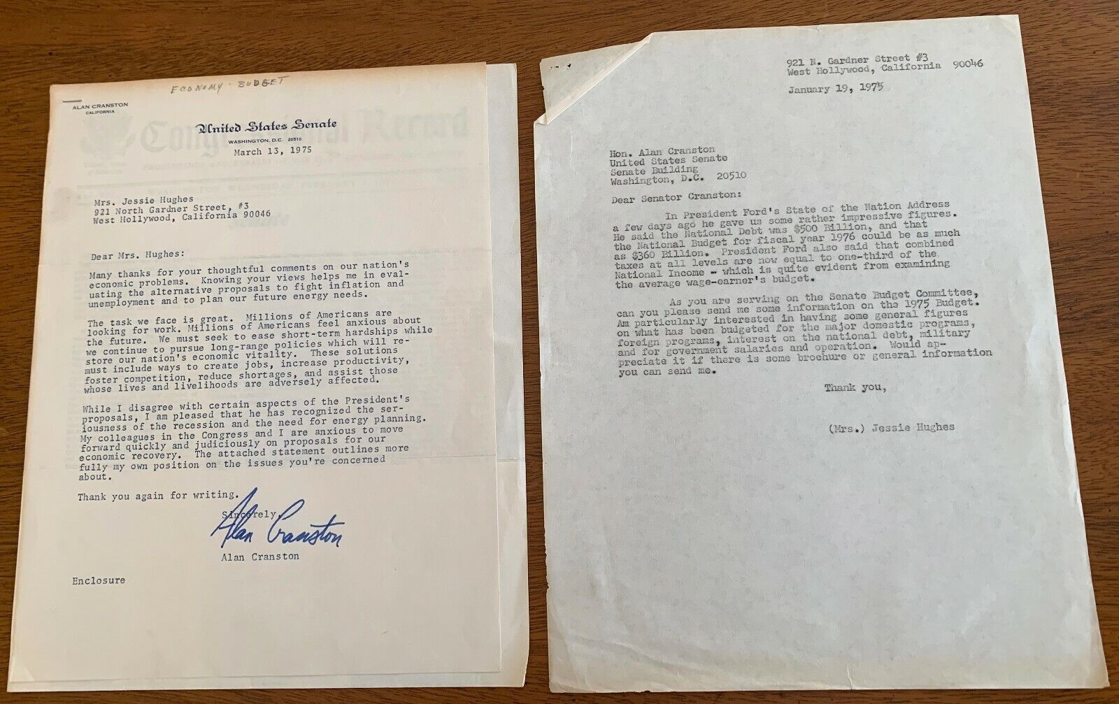 Senator ALAN CRANSTON Signed 1975 Letter & Envelope w Copy Constituent\'s Request